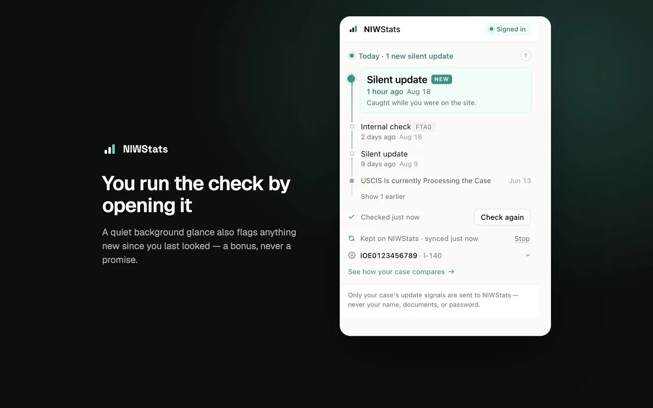 The extension popup after a check, flagging a new silent update caught since the last look
