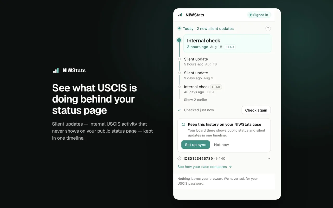 The extension popup showing a case's silent updates stacked in a timeline while the public status stays unchanged